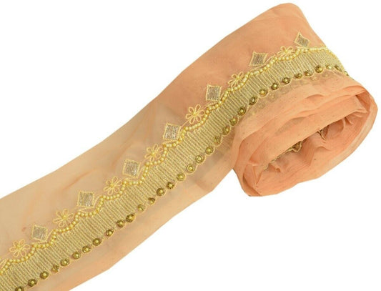 Vintage Sari Border Indian Craft Trim Hand Beaded Embroidered Ribbon Lace Peach
