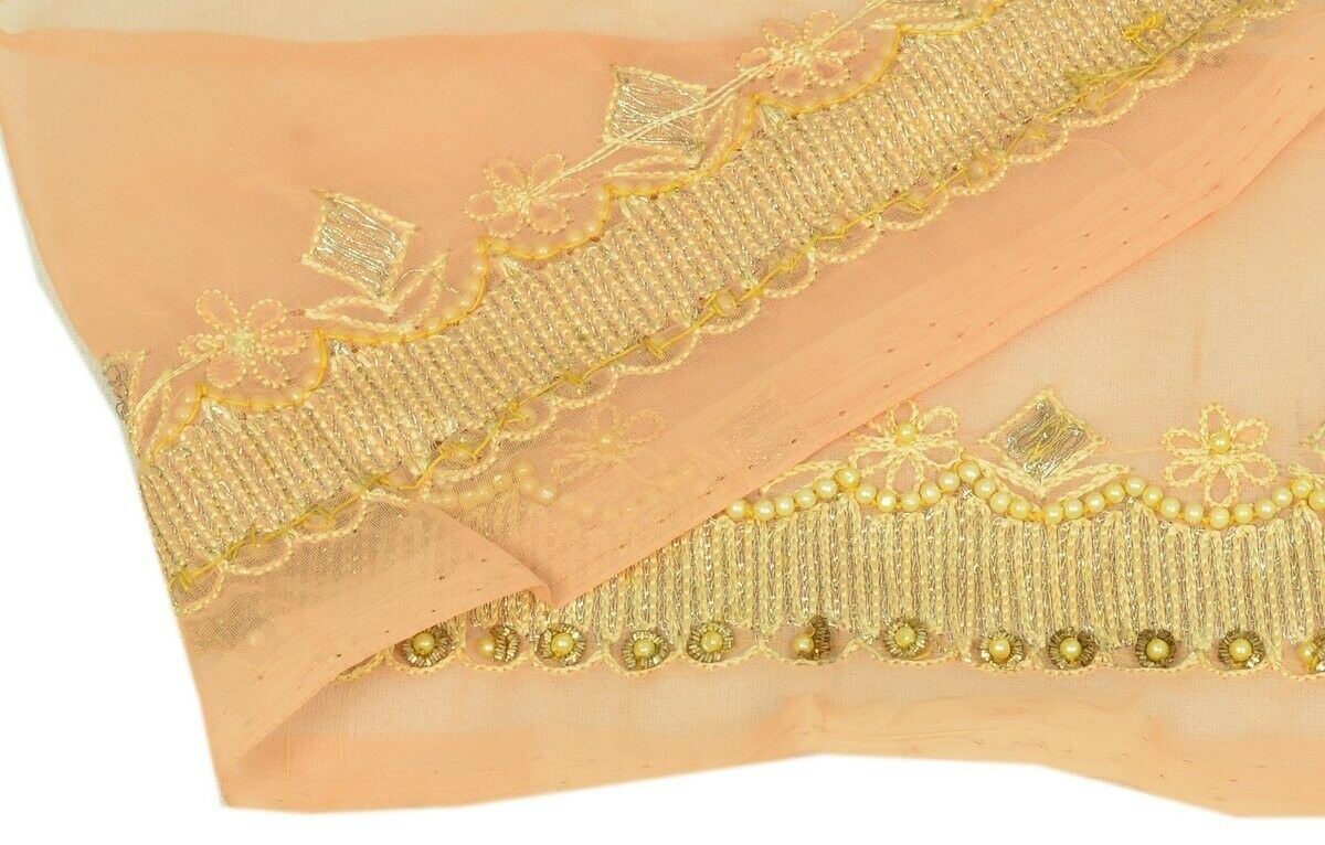 Vintage Sari Border Indian Craft Trim Hand Beaded Embroidered Ribbon Lace Peach