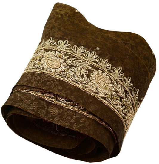 Vintage Sari Border Indian Craft Trim Hand Beaded Zardozi Sewing Ribbon Brown