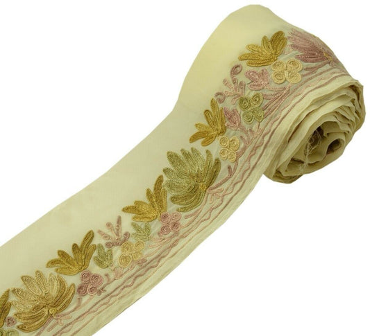 Vintage Saree Border Indian Craft Trim Floral Embroidered Cream Sew Ribbon Lace