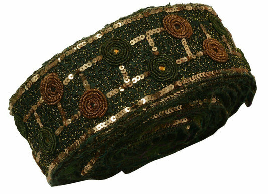 Antique Vintage Saree Border Craft Trim Hand Beaded Embroidered Green Ribbon
