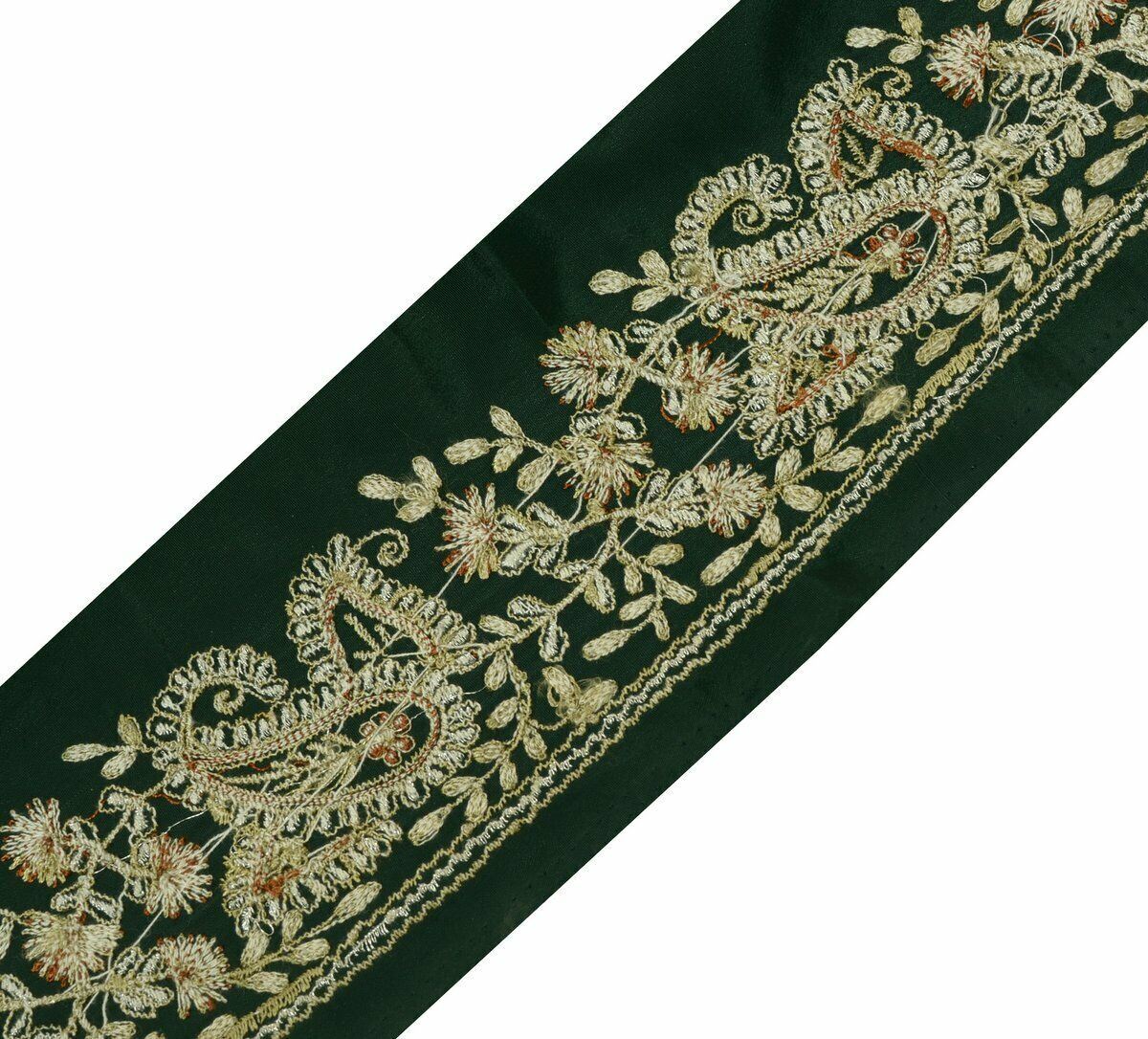Antique Vtg Sari Border Indian Craft Trim Embroidered Paisley Floral Green lace