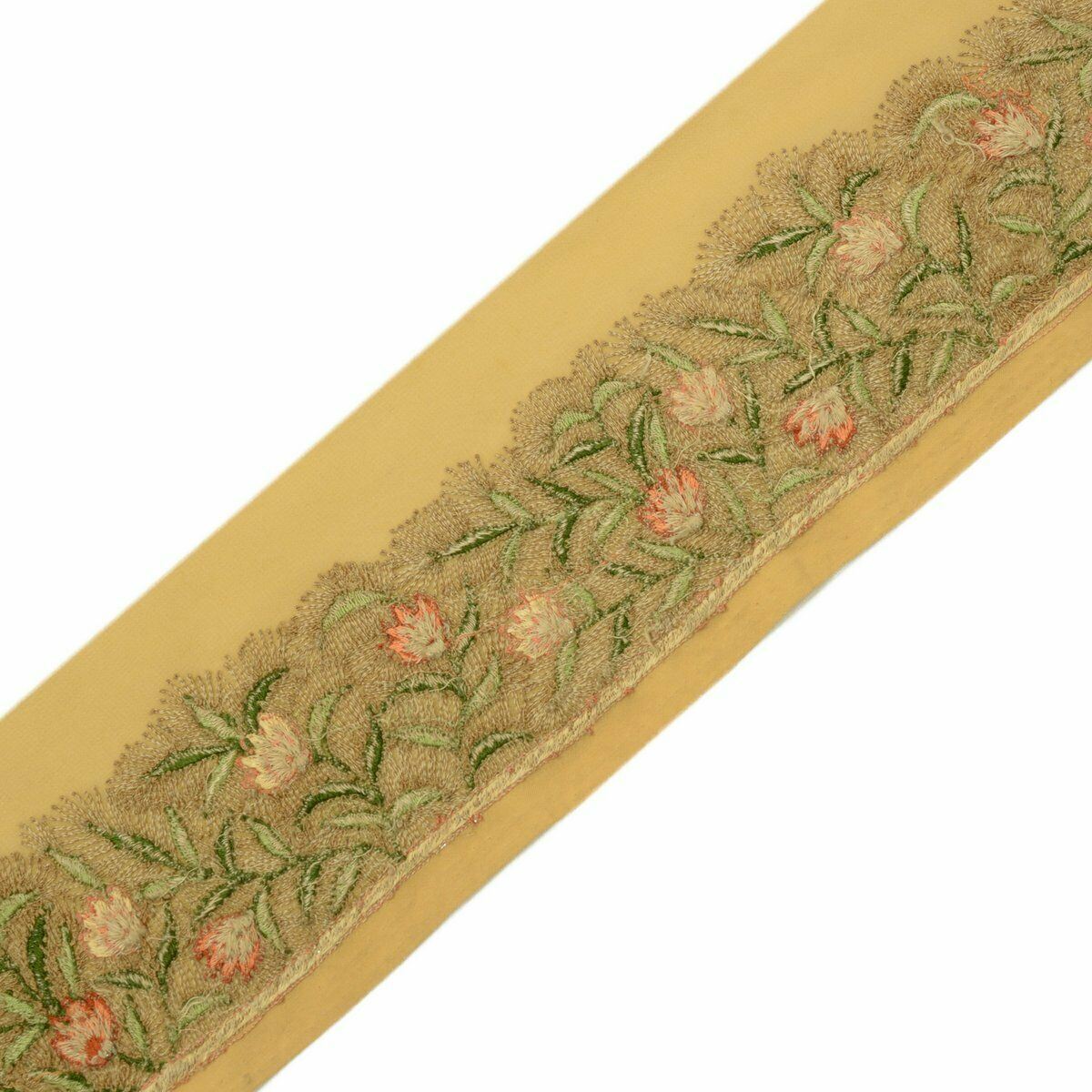 Vintage Saree Border Indian Craft Trim Hand Embroidered Floral Light Brown Lace