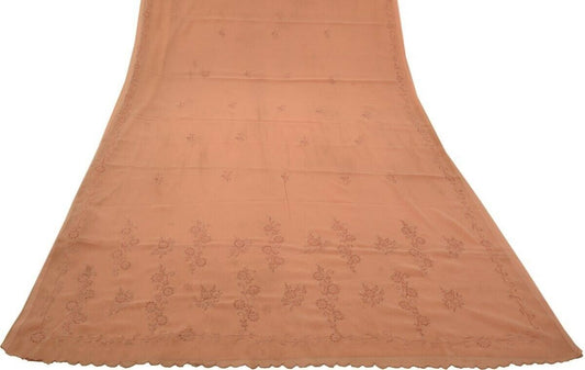 Vintage Saree Art Chiffon Silk Sari Embroidered Scrap Fabric Craft Peach Saree