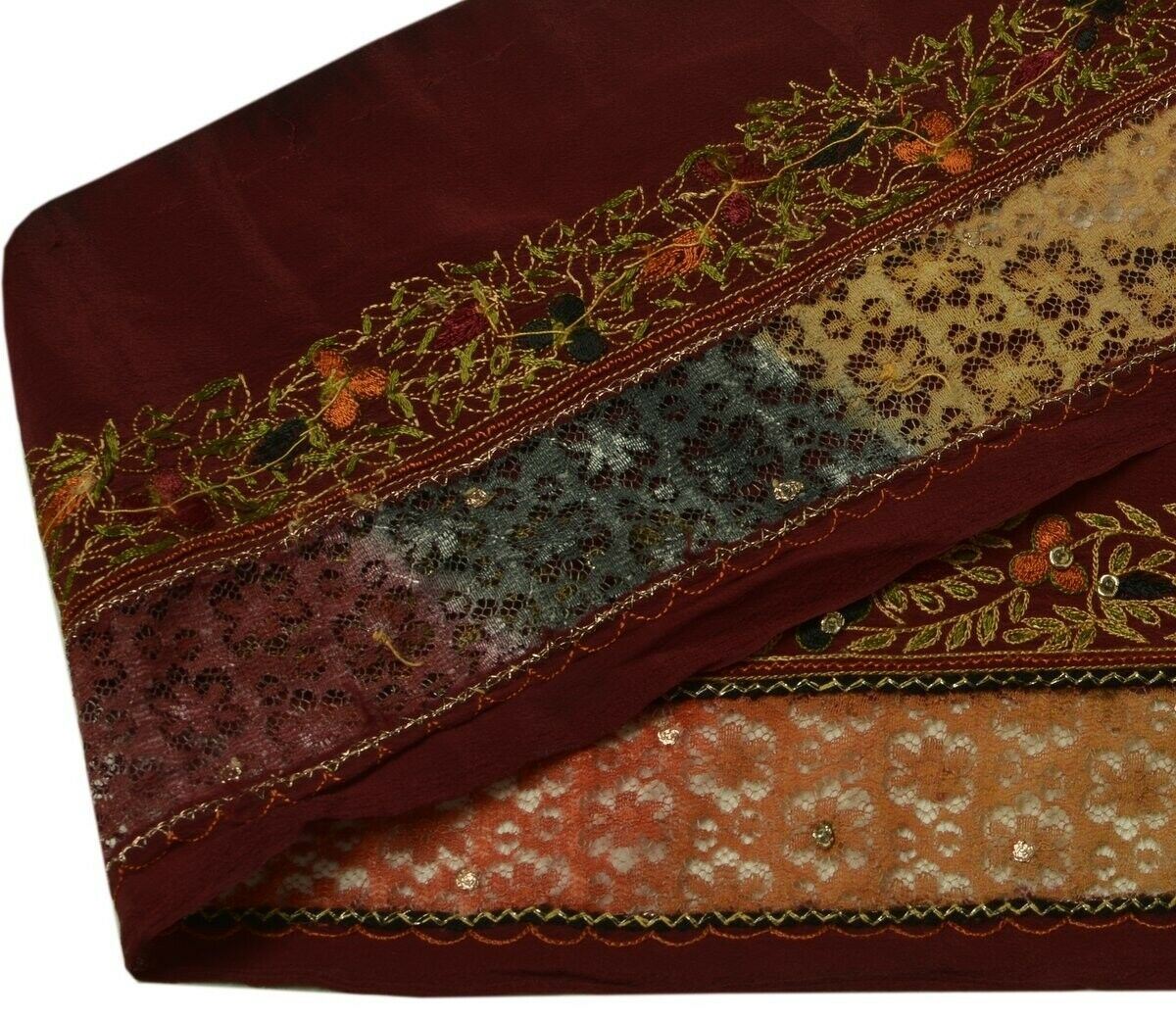 Vintage Sari Border Indian Craft Trim Embroidered Net Patch Ribbon Lace Maroon