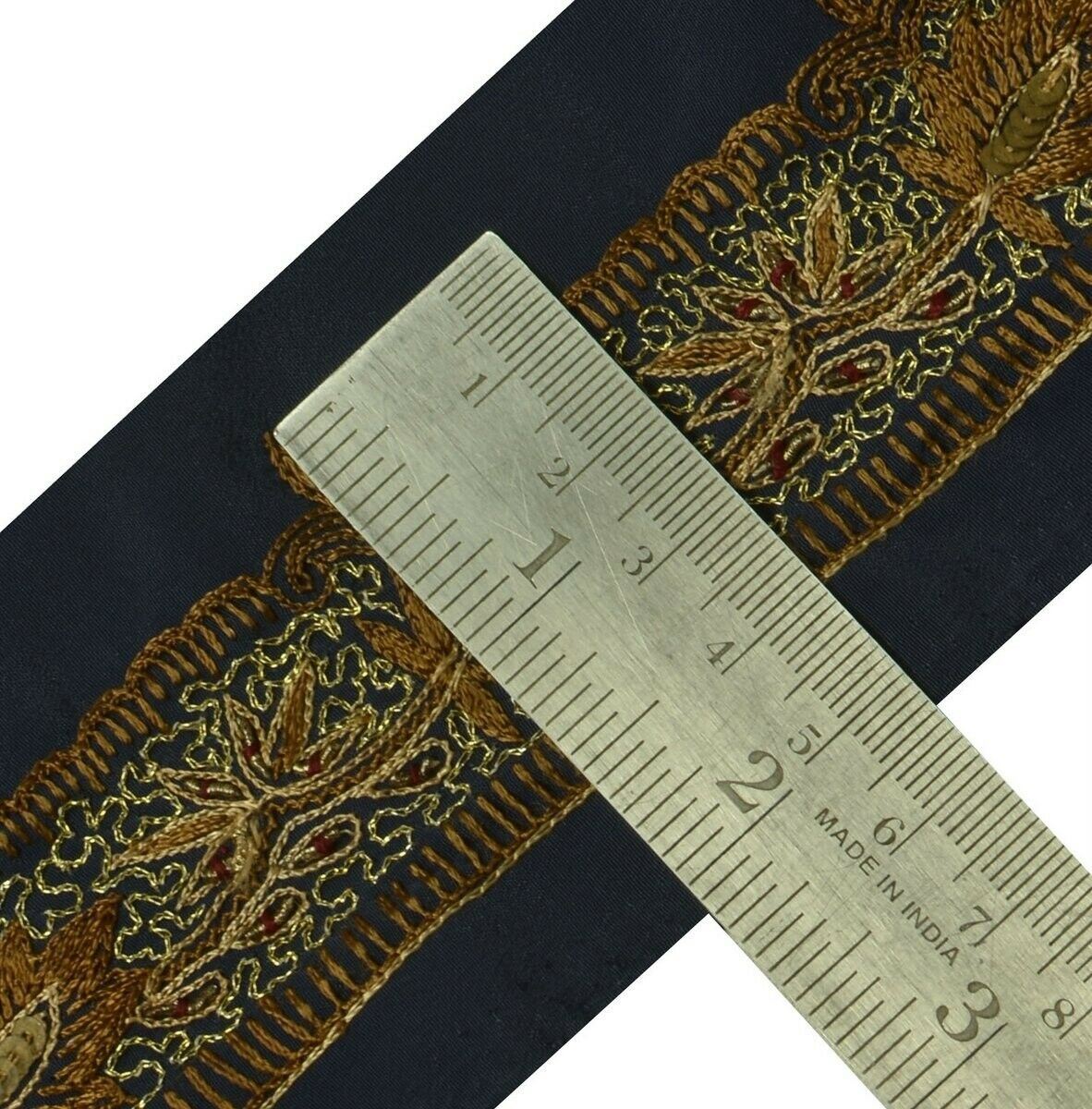 Vintage Sari Border Indian Craft Trim Embroidered Deep Gray Sewing Ribbon Lace