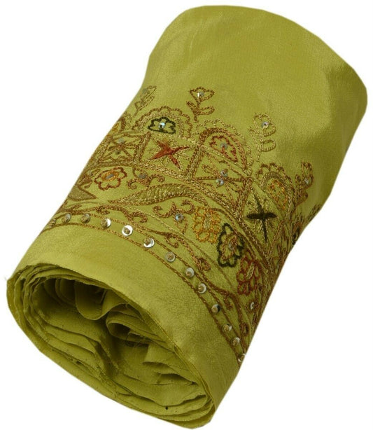 Vintage Sari Border Indian Craft Trim Embroidered Pure Crepe Green Ribbon Lace