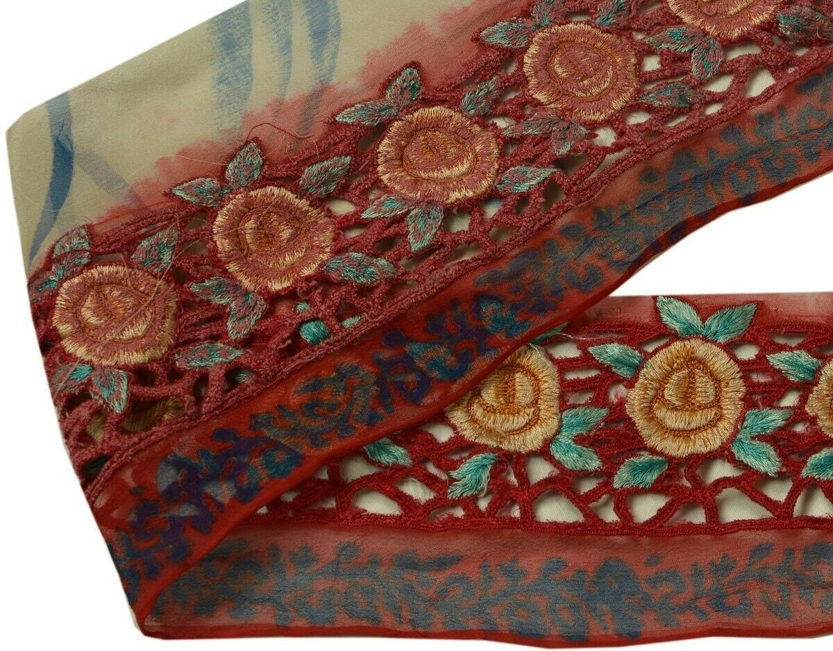 Vintage Sari Border Indian Craft Trim Embroidered Cut Work Red Ribbon Lace