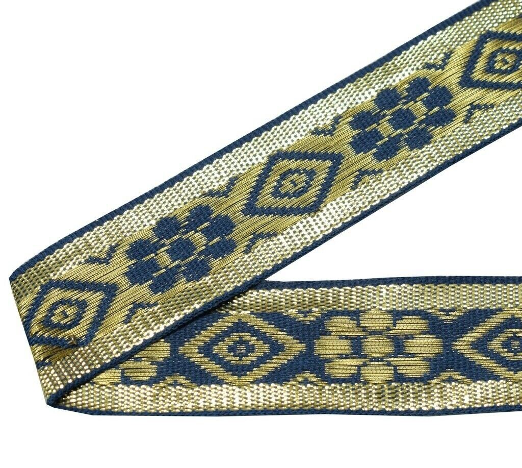0.9" W 3 Yard Saree Border Indian Craft Trim Zari Woven Blue Sewing Ribbon Lace