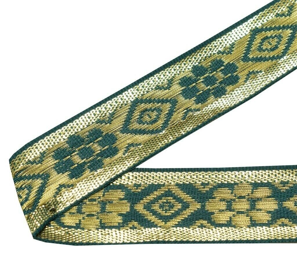 0.9" W 3 Yard Saree Border Indian Craft Trim Zari Woven Green Sewing Ribbon Lace