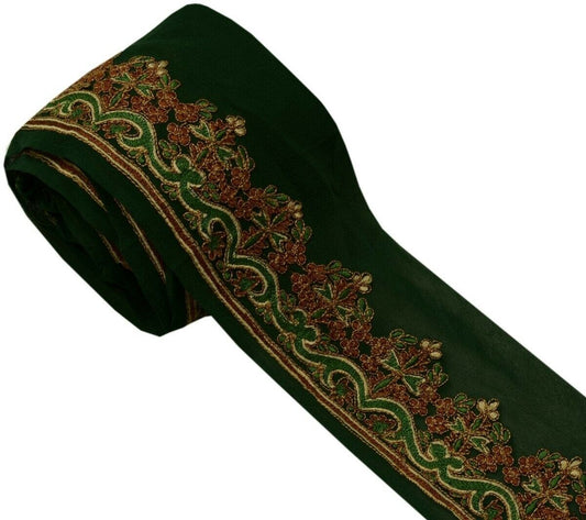 Vtg Sari Border Indian Craft Trim Floral Embroidered Green Sewing Ribbon Lace
