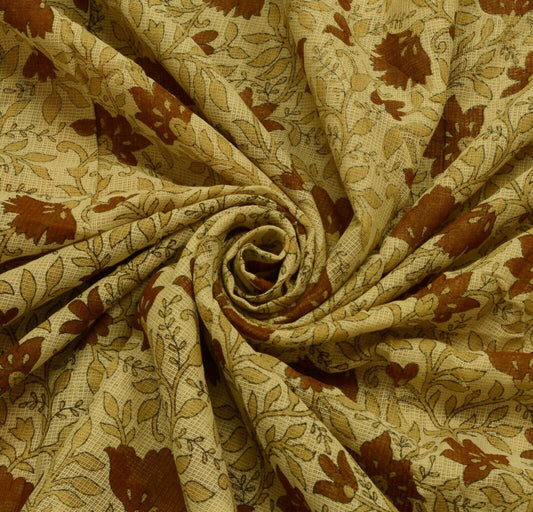 Vintage Saree 100% Pure Cotton Super Net Cream Printed Scrap Sari For Craft