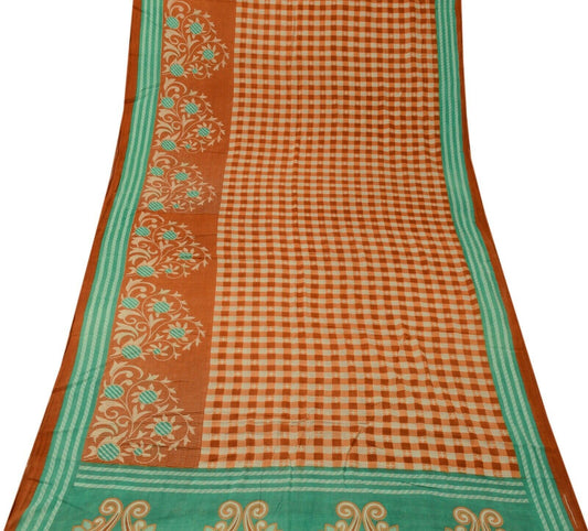 Vintage Saree 100% Pure Cotton Rust Check Printed Scrap Sari For Sewing Craft