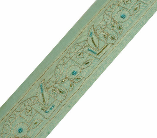 Vintage Saree Border Craft Trim Antique Lace Woven Embroidered Beaded Green