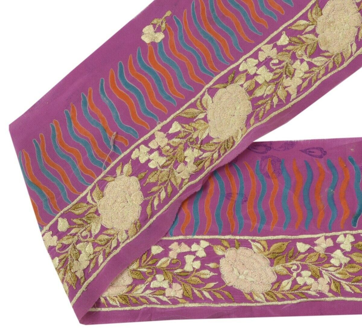 Vintage Sari Border Indian Craft Sewing Trim Embroidered Purple Silk Ribbon Lace