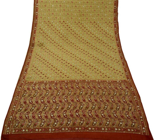 Vintage Saree 100% Pure Silk Woven Hand Beaded Embroidered Sari 5 Yd Fabric