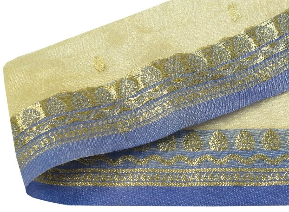 Vintage Sari Border Indian Craft Trim Zari Woven Blue Cream Sewing Ribbon Lace