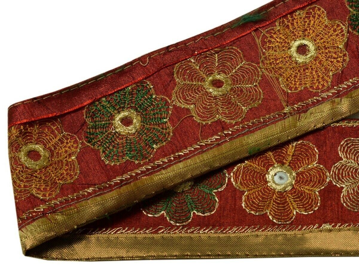 Vintage Saree Border Indian Craft Trim Floral Embroidered Maroon Ribbon Lace