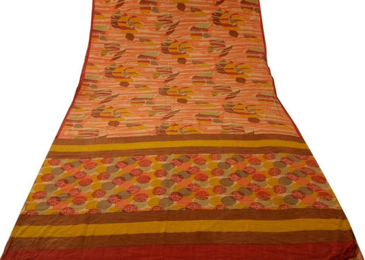 Vintage Indian Saree 100% Pure Crepe Silk Printed Scrap Fabric for Craft Peach