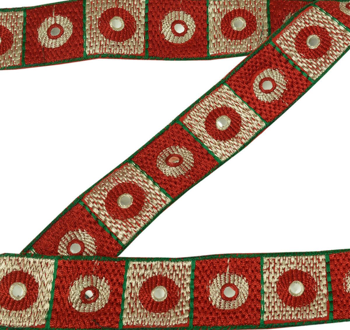 Antique Vtg Saree Border Indian Craft Trim Embroidered Mirror Work Ribbon Lace