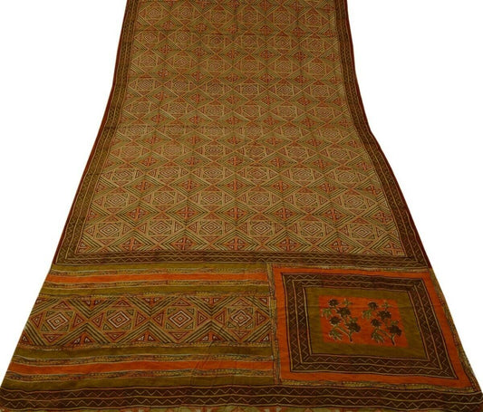 Vintage Indian Saree 100% Pure Crepe Silk Printed Soft Scrap Fabric for Craft