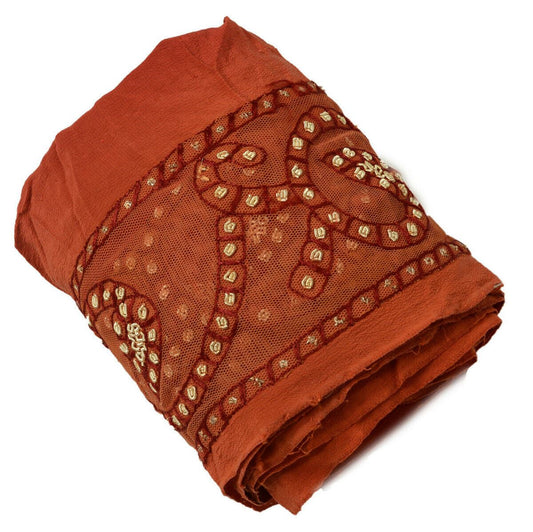Antique Vtg Saree Border Indian Craft Trim Hand Beaded Net Fabric Ribbon Rust