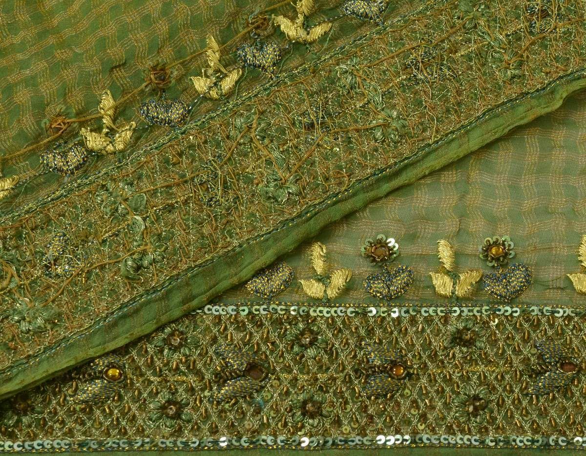 Vintage Sari Border Indian Craft Trim Hand Beaded Embroidered Gren Lace Ribbon