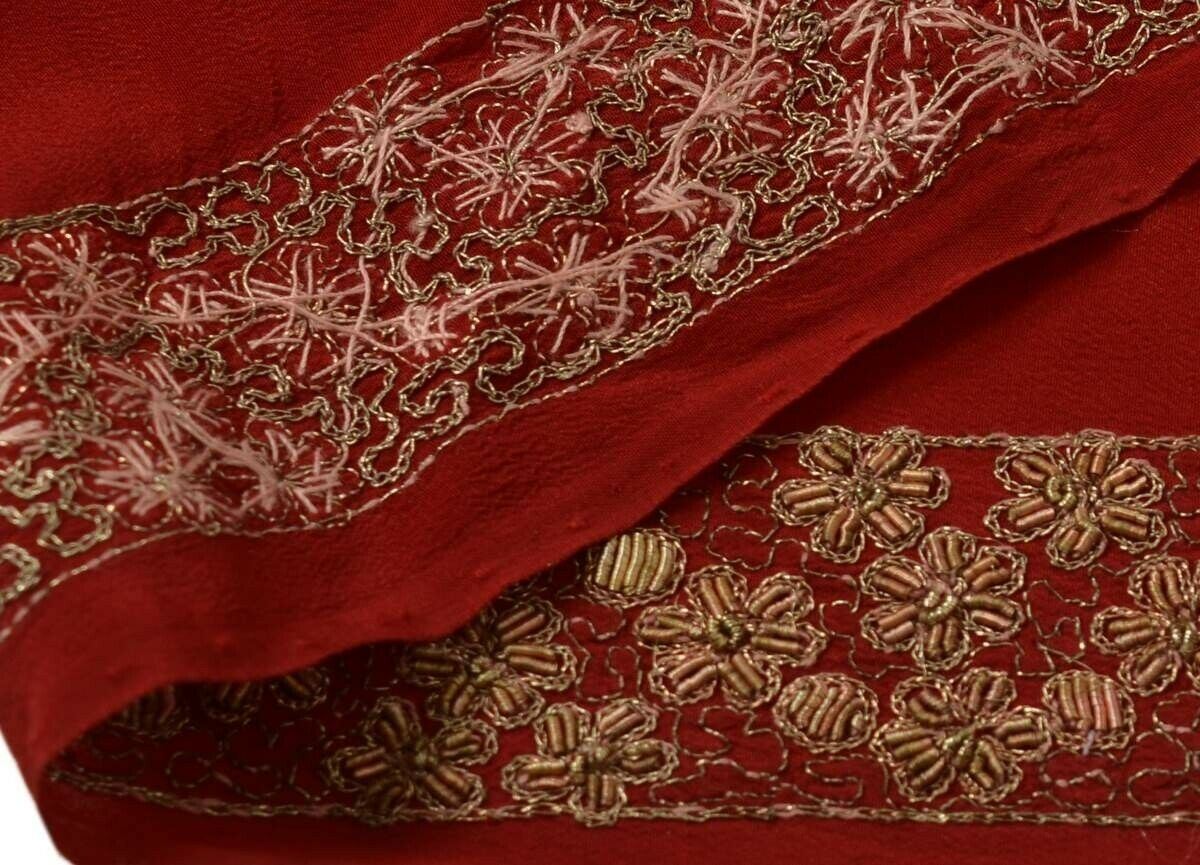 Vintage Sari Border Indian Craft Trim Hand Beaded Embroidered Maroon Lace Ribbon