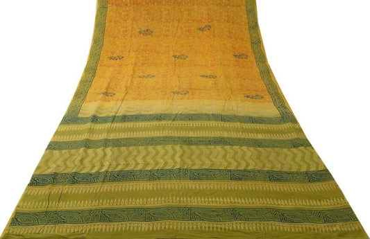 Vintage Saree 100% Pure Crepe Silk Printed Scrap Sari Fabric for Craft Mustard