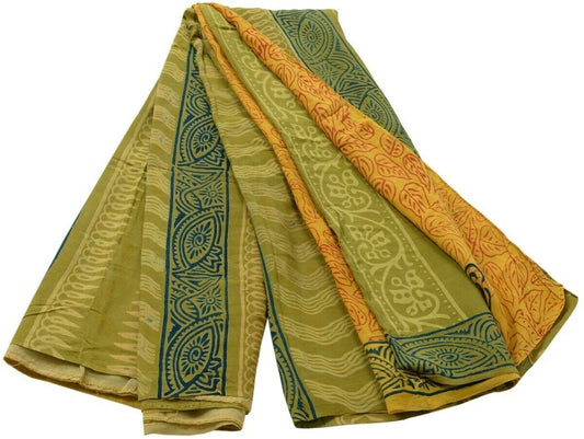 Vintage Saree 100% Pure Crepe Silk Printed Scrap Sari Fabric for Craft Mustard