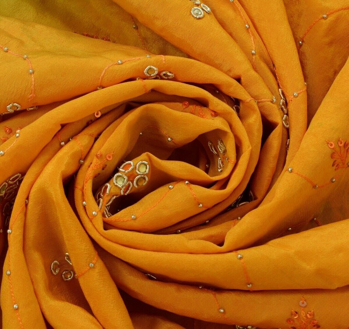 Vtg Saree 100% Pure Crepe Silk Hand Beaded Embroidered Scrap Fabric for Craft