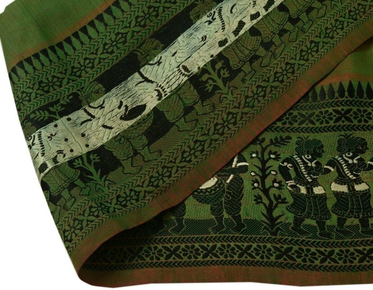 Vintage Sari Border Indian Craft Trim Woven Human Figures Ribbon Lace Green
