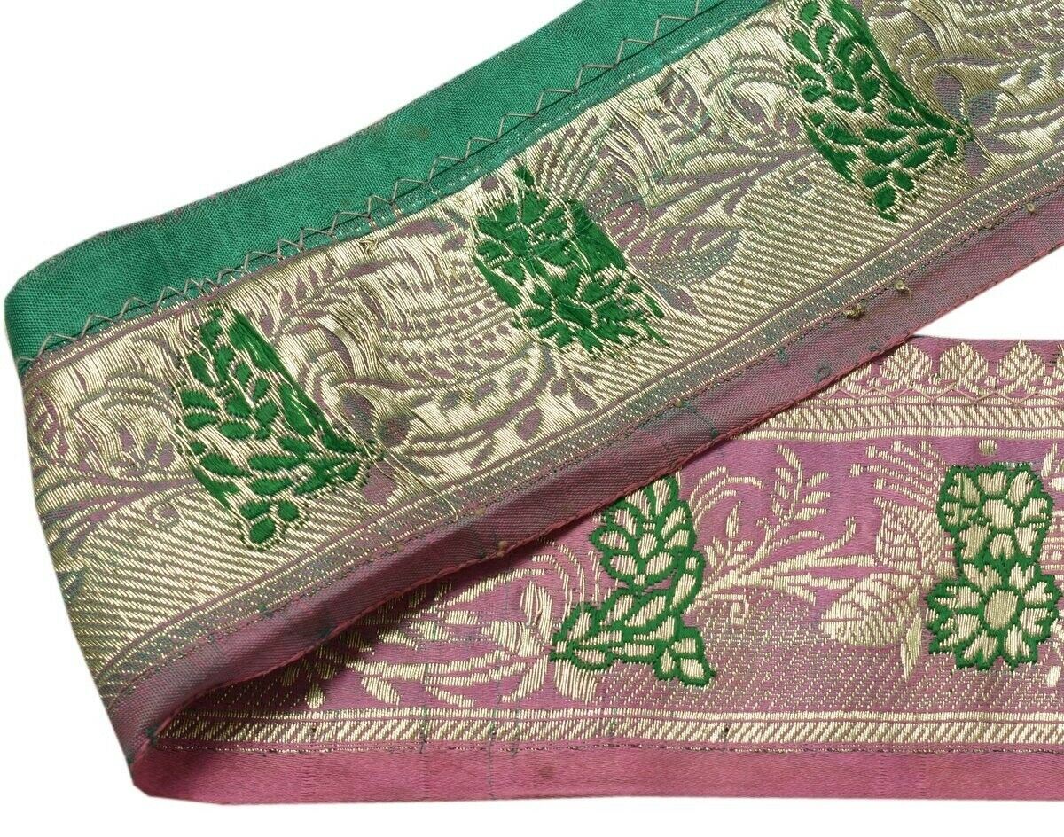 Vintage Sari Border Indian Craft Trim Woven Zari Brocade Pink Banarasi Lace