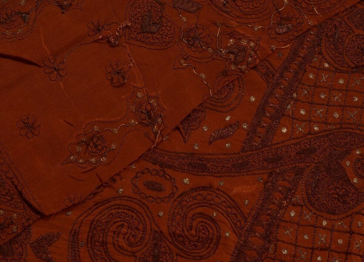Vintage Saree Multi Purpose Design Fabric Piece for Sew Craft Embroidered Rust