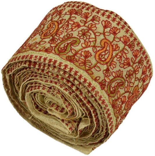 Vintage Sari Border Indian Craft Trim Antique Embroidered Ribbon Lace Cream