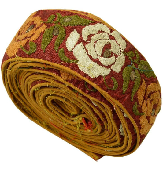 Vintage Saree Border Indian Craft Trim Embroidered Sewing Ribbon Lace Maroon