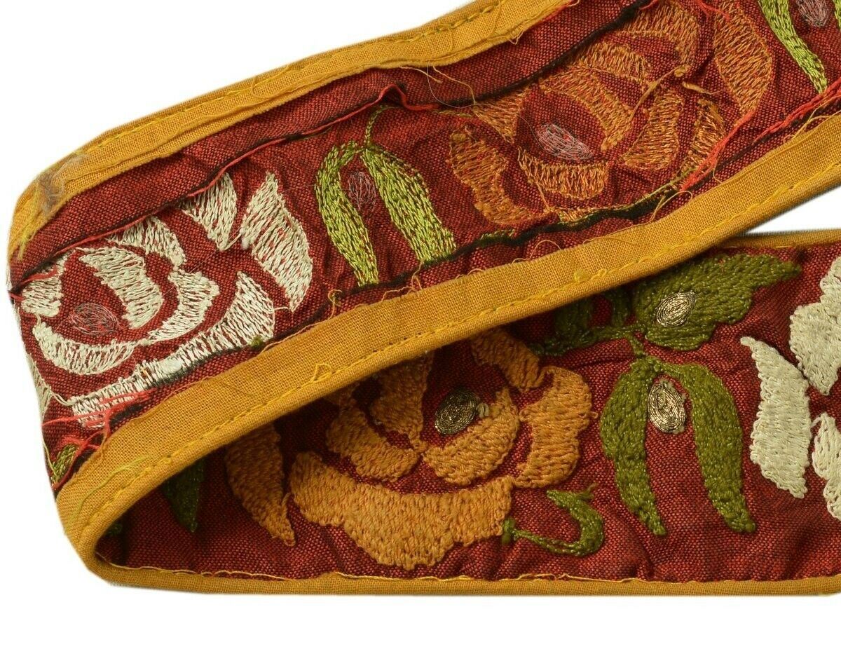 Vintage Saree Border Indian Craft Trim Embroidered Sewing Ribbon Lace Maroon