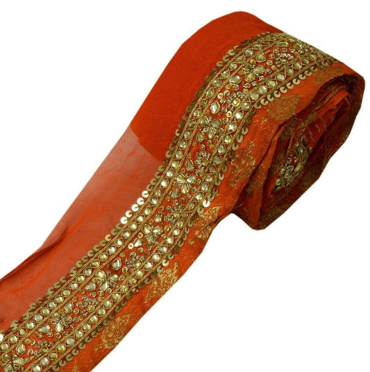 Vintage Saree Border Indian Craft Trim Hand Beaded Stones Work Lace Orange