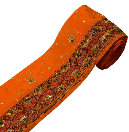 Vintage Sari Border Indian Craft Trim Hand Beaded Embroidered Ribbon Lace Orange