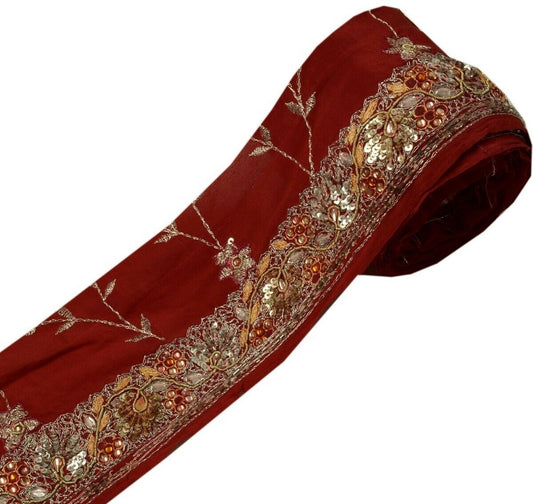 Vintage Saree Border Indian Craft Trim Hand Beaded Embroidered Lace Deep Red