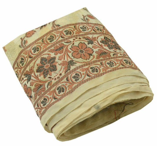 Vtg Saree Border Indian Craft Trim Antique Woven Floral Ribbon 3 Inch Cream Lace