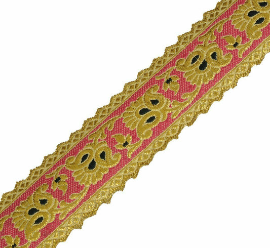 Vtg Saree Border Indian Craft Trim Antique Zari Woven Floral Ribbon Lace Pink