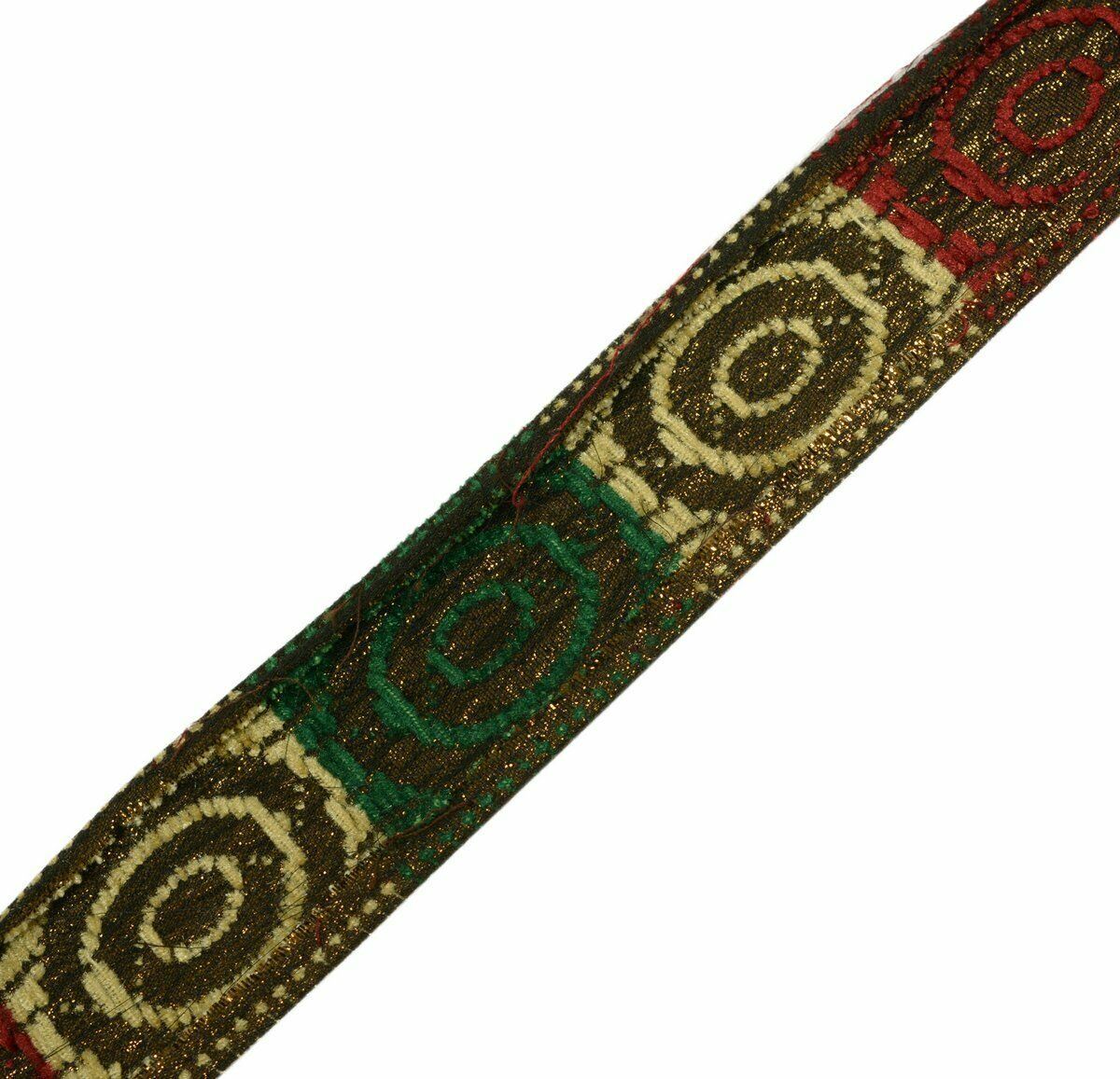 Vtg Saree Border Indian Craft Trim Antique Copper Zari Woven Multi Color Lace