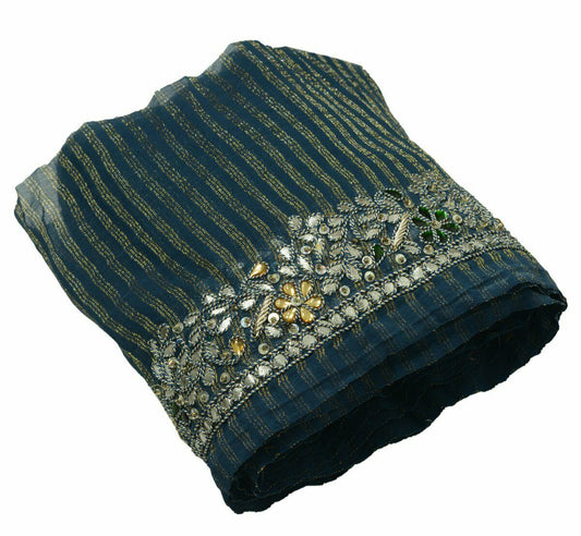 Antique Vintage Saree Border Craft Trim Hand Beaded Gota Patti Stone Blue Lace