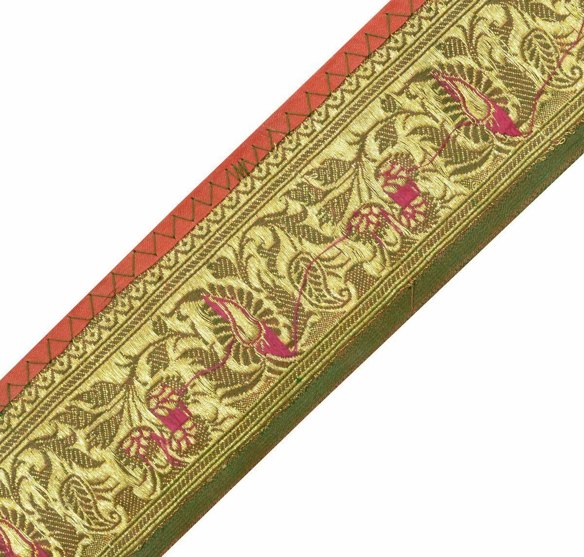 Antique Vintage Woven Zari Brocade Banarasi Saree Border Indian Craft Trim Green