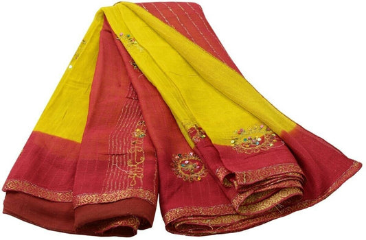 Vintage Saree Hand Beaded Embroidered Scrap Georgette Fabric for Craft Green