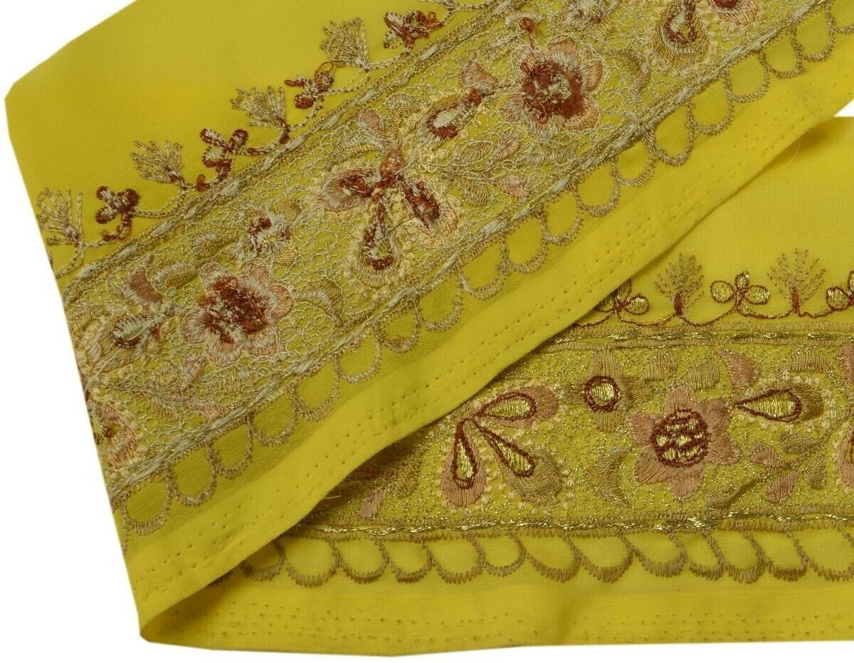 Vintage Sari Border Indian Craft Trim Embroidered Yellow Sewing Ribbon Lace