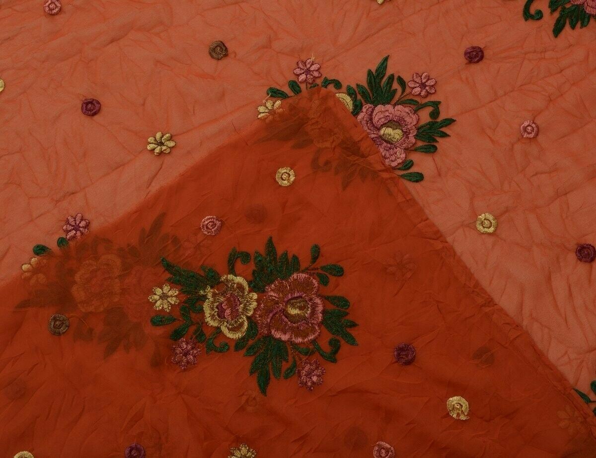 Vintage Saree Multi Purpose Design Fabric Piece for Sew Craft Embroidered Rust