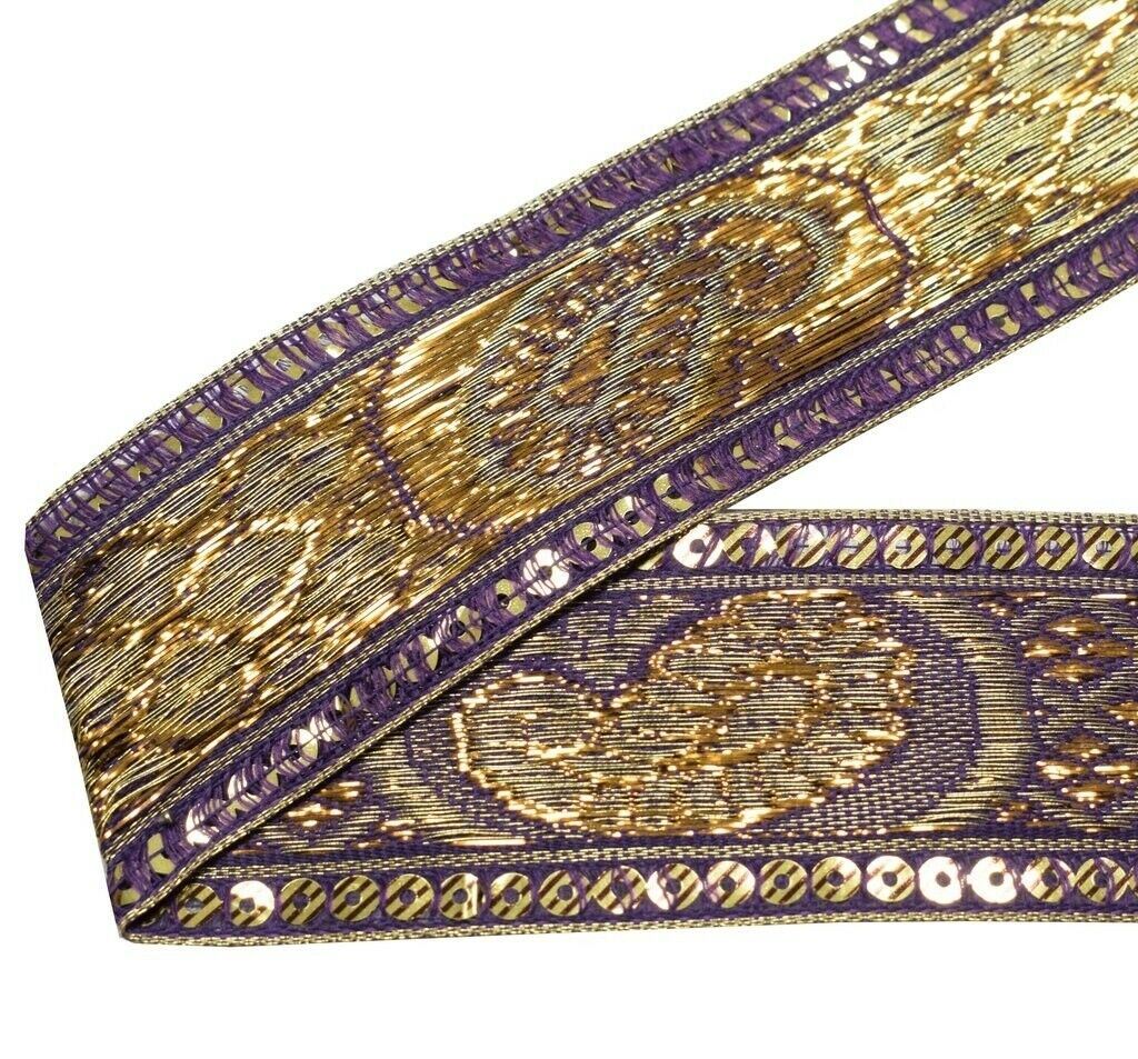 1.6" W 2.5 Yard Saree Border Indian Craft Trim Woven Purple Sewing Ribbon Lace