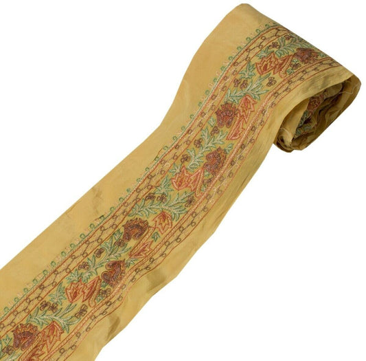 Vintage Sari Border Indian Craft Sewing Trim Embroidered Cream Silk Ribbon Lace